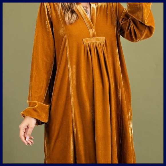 EASEL Long Sleeve Luxury Soft Velvet V-Neck Dress With Balloon Sleeve & Pockets - Picture 13 of 16